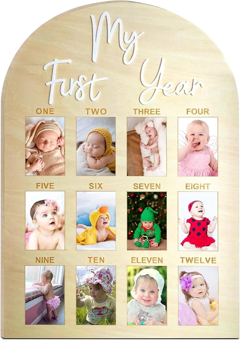 FLhdM My First Year Photo Frame Board, 1st Birthday Girl Boy Gifts, Newborn Newmom Gift, 1 Year Old Girls Gifts, One Year Birthday Party Decorations, Baby Shower Baptism Favors, 12 Months Milestone - Image 1